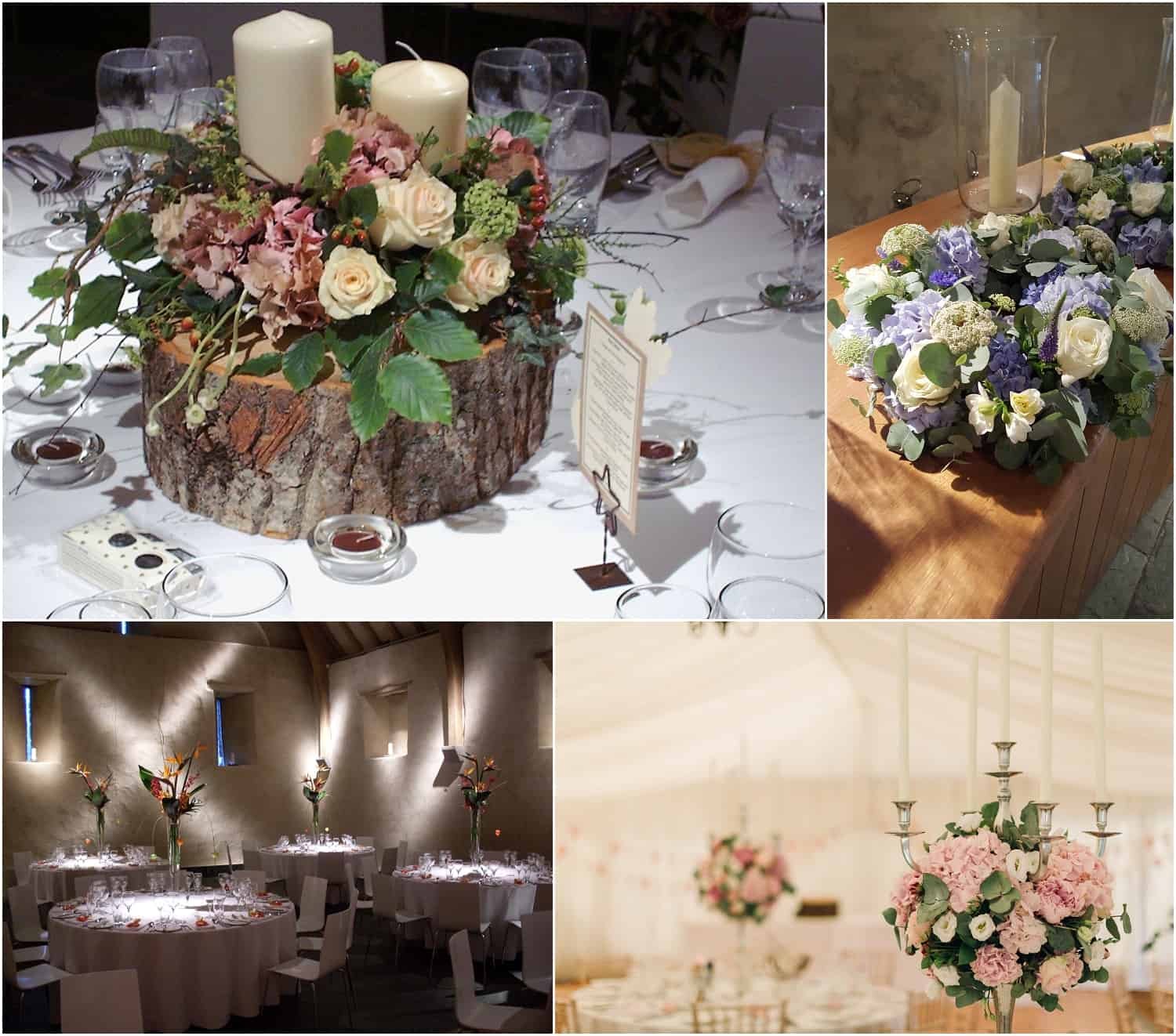 Table centres using flowers, candles and other natural inspirations. By Sarah Pepper