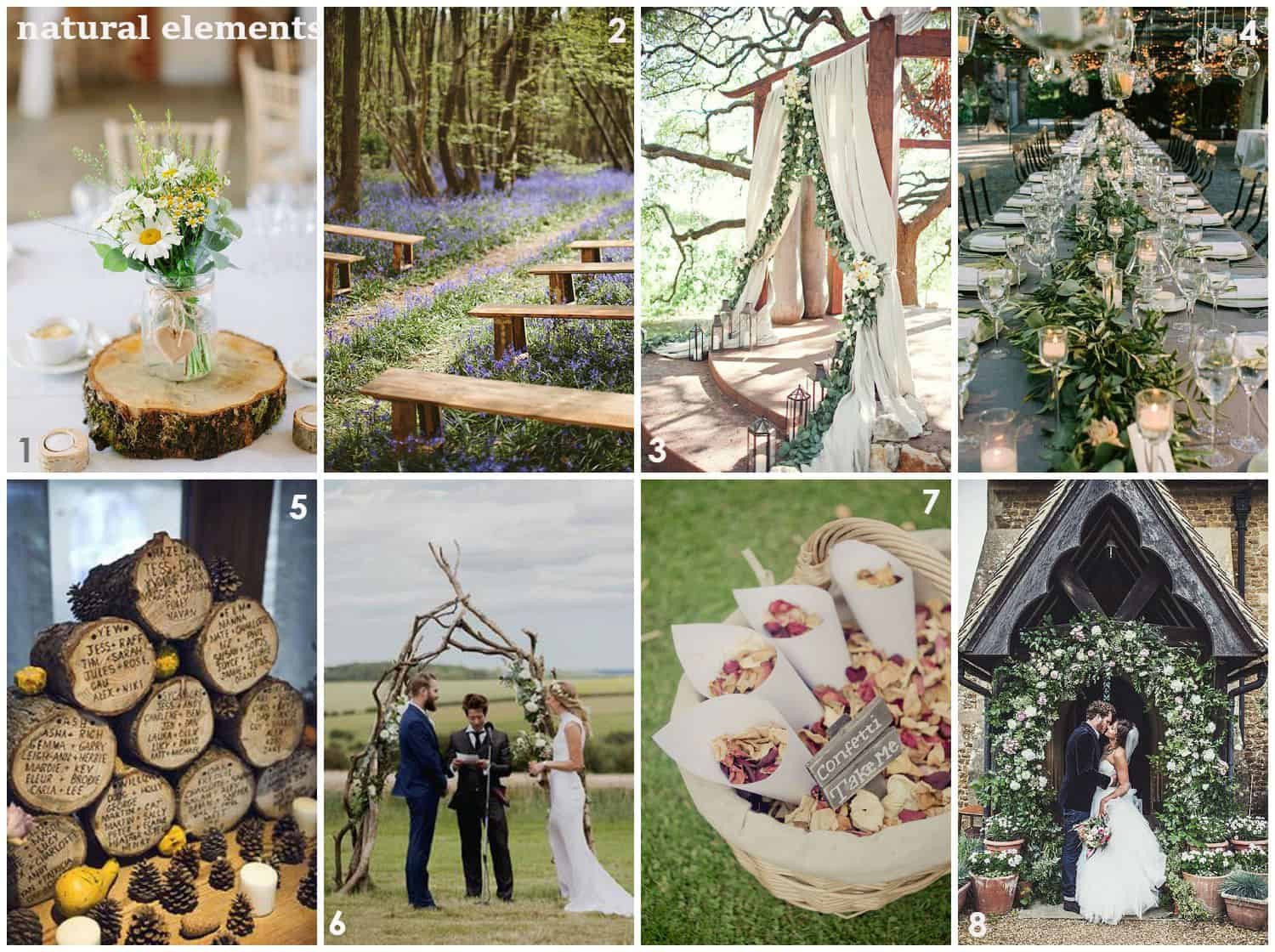 2019 wedding trends, natural elements, floral, stone, shell, wood, nature